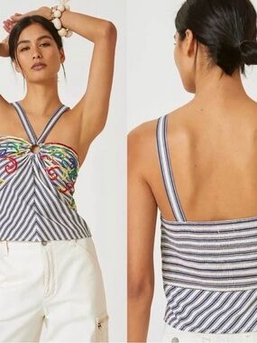 NWT $110 Anthropologie x Tiny Avril Embroidered Striped Pullover Knit Halter XL